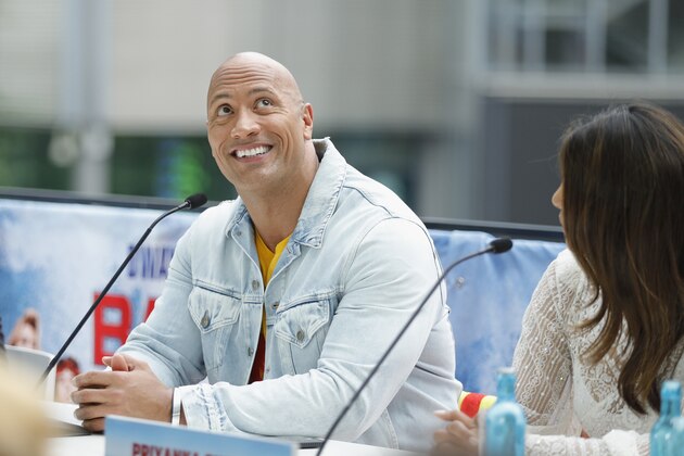 BERLIN, GERMANY - MAY 30: Dwayne Johnson and Priyanka Chopra are seen on stage at the 'Baywatch' Photo Call at Sony Centre on May 30, 2017 in Berlin, Germany. (Photo by Andreas Rentz/Getty Images for Paramount Pictures)