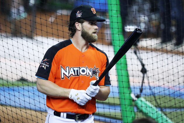 MIAMI, FL - JULY 10:  Bryce Harper #34 of the Washington Nationals and the National League takes batting practice during Gatorade All-Star Workout Day ahead of the 88th MLB All-Star Game at Marlins Park on July 10, 2017 in Miami, Florida.  (Photo by Rob Carr/Getty Images)