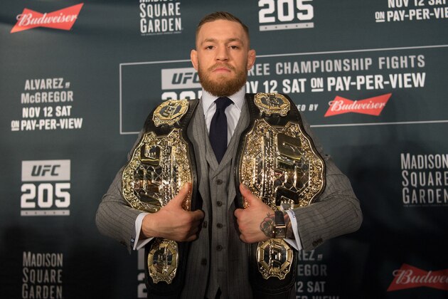 NEW YORK, NY - NOVEMBER 12:  UFC featherweight and lightweight champion Conor McGregor of Ireland poses for a picture during the UFC 205 post fight press conference at Madison Square Garden on November 12, 2016 in New York City. (Photo by Brandon Magnus/Zuffa LLC/Zuffa LLC via Getty Images)