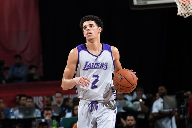 LAS VEGAS, NV - JULY 8: Lonzo Ball #2 of the Los Angeles Lakers handles the ball during the game against the Boston Celtics during the 2017 Las Vegas Summer League on July 8, 2017 at the Thomas & Mack Center in Las Vegas, Nevada. NOTE TO USER: User expressly acknowledges and agrees that, by downloading and or using this Photograph, user is consenting to the terms and conditions of the Getty Images License Agreement. Mandatory Copyright Notice: Copyright 2017 NBAE (Photo by Garrett Ellwood/NBAE via Getty Images)