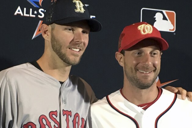 American League pitcher Chris Sale, of the Boston Red Sox, left, poses with National League pitcher Max Scherzer, of the Washington Nationals after the All-Star starting pitchers were introduced at a press conference in Miami, Monday, July 10, 2017. (AP Photo/Ron Blum)