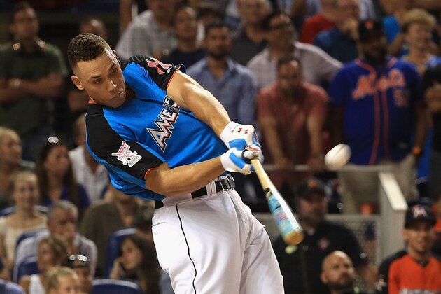 MIAMI, FL - JULY 10:  Aaron Judge #99 of the New York Yankees competes in the T-Mobile Home Run Derby at Marlins Park on July 10, 2017 in Miami, Florida.  (Photo by Mike Ehrmann/Getty Images)