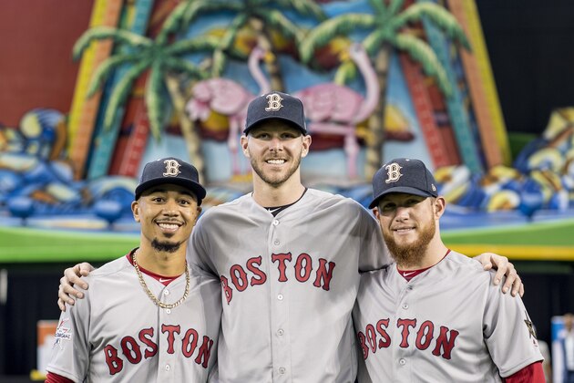 MIAMI, FL - JULY 10: Mookie Betts #50, Chris Sale #41, and Craig Kimbrel #46 of the Boston Red Sox pose for a photograph during Gatorade All-Star Workout Day at Marlins Park on July 10, 2017 in Miami, Florida. (Photo by Billie Weiss/Boston Red Sox/Getty Images) MIAMI, FL - JULY 10: Mookie Betts #50, Chris Sale #41, and Craig Kimbrel #46 of the Boston Red Sox pose for a photograph during Gatorade All-Star Workout Day at Marlins Park on July 10, 2017 in Miami, Florida. (Photo by Billie Weiss/Boston Red Sox/Getty Images)