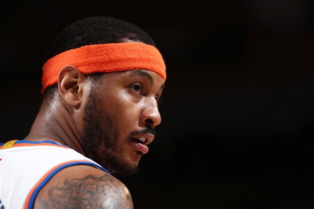 NEW YORK, NY - APRIL 6: Carmelo Anthony #7 of the New York Knicks looks on during a game against the Washington Wizards on April 6, 2017 at Madison Square Garden in New York City, New York. NOTE TO USER: User expressly acknowledges and agrees that, by downloading and/or using this photograph, user is consenting to the terms and conditions of the Getty Images License Agreement. Mandatory Copyright Notice: Copyright 2017 NBAE (Photo by Nathaniel S. Butler/NBAE via Getty Images) NEW YORK, NY - APRIL 6: Carmelo Anthony #7 of the New York Knicks looks on during a game against the Washington Wizards on April 6, 2017 at Madison Square Garden in New York City, New York. NOTE TO USER: User expressly acknowledges and agrees that, by downloading and/or using this photograph, user is consenting to the terms and conditions of the Getty Images License Agreement. Mandatory Copyright Notice: Copyright 2017 NBAE (Photo by Nathaniel S. Butler/NBAE via Getty Images)
