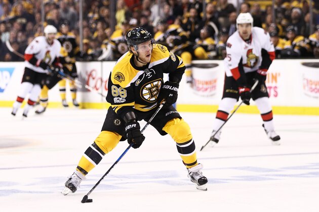 BOSTON, MA - APRIL 19: David Pastrnak #88 of the Boston Bruins skates against the Ottawa Senators during the first period of Game Four of the Eastern Conference First Round during the 2017 NHL Stanley Cup Playoffs at TD Garden on April 19, 2017 in Boston, Massachusetts.(Photo by Maddie Meyer/Getty Images)