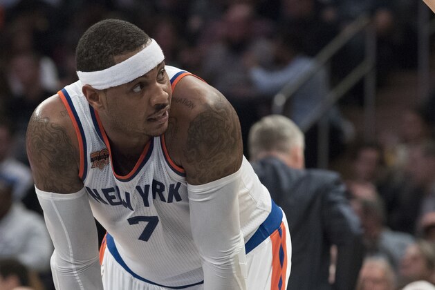 New York Knicks forward Carmelo Anthony watches as a Houston Rockets players prepare for a free throw during the first half of an NBA basketball game, Wednesday, Nov. 2, 2016, at Madison Square Garden in New York. The Rockets won 118-99. (AP Photo/Mary Altaffer) New York Knicks forward Carmelo Anthony watches as a Houston Rockets players prepare for a free throw during the first half of an NBA basketball game, Wednesday, Nov. 2, 2016, at Madison Square Garden in New York. The Rockets won 118-99. (AP Photo/Mary Altaffer)