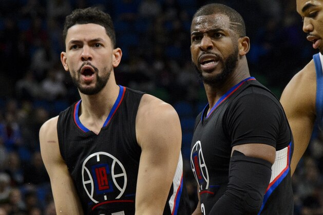 MINNEAPOLIS, MN - MARCH 08: Austin Rivers #25 and Chris Paul #3 of the Los Angeles Clippers react to a call during the first quarter of the game against the Minnesota Timberwolves on March 8, 2017 at the Target Center in Minneapolis, Minnesota. The Timberwolves defeated the Clippers 107-91. NOTE TO USER: User expressly acknowledges and agrees that, by downloading and or using this Photograph, user is consenting to the terms and conditions of the Getty Images License Agreement. (Photo by Hannah Foslien/Getty Images)
