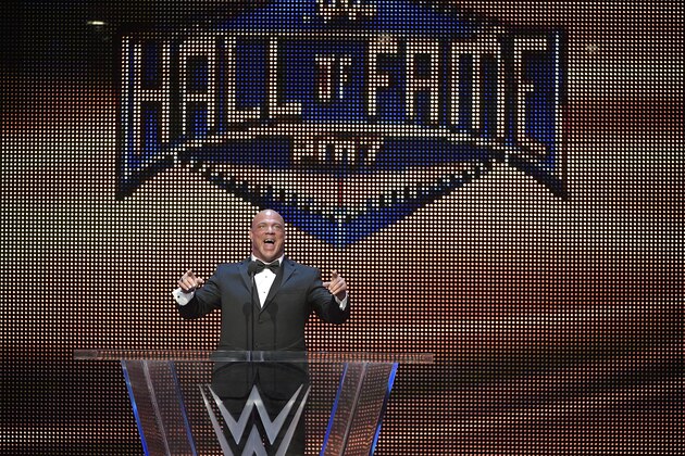 IMAGE DISTRIBUTED FOR WWE - Kurt Angle addresses the crowd after being inducted into the WWE Hall of Fame as part of the WrestleMania 33 weekend at a ceremony on Friday, March 31, 2017, in Orlando, Fla. (Phelan M. Ebenhack/AP Images for WWE)