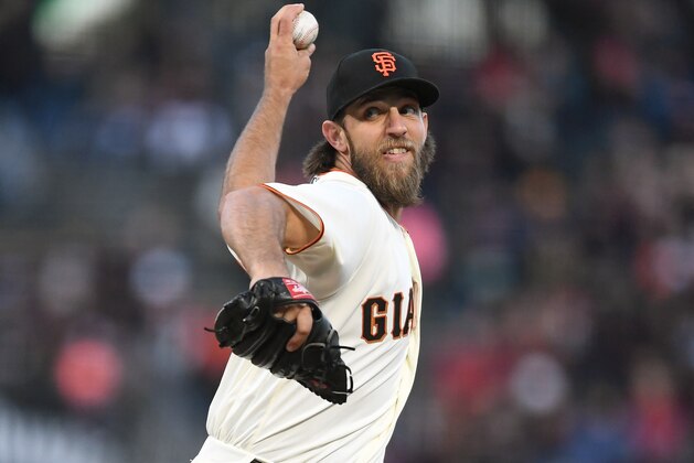 SAN FRANCISCO, CA - APRIL 13:  Madison Bumgarner #40 of the San Francisco Giants pitches against the Colorado Rockies in the top of the first inning at AT&T Park on April 13, 2017 in San Francisco, California.  (Photo by Thearon W. Henderson/Getty Images)