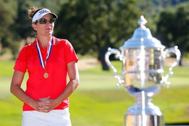 SAN MARTIN, CA - JULY 10:  Brittany Lang poses with the trophy on the 18th green after defeating Anna Nordqvist of Sweden in a three hole playoff to win the U.S. Women's Open at CordeValle Golf Club on July 9, 2016 in San Martin, California.  (Photo by Jonathan Ferrey/Getty Images)