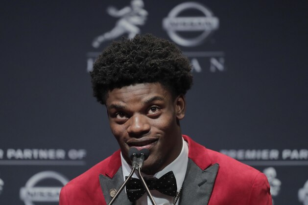 Louisville's Lamar Jackson answers questions during a news conference after winning the Heisman Trophy award, Saturday, Dec. 10, 2016, in New York. (AP Photo/Julie Jacobson)