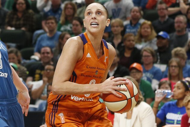 Phoenix Mercury’s Diana Taurasi plays against the Minnesota Lynx in the first quarter of a WNBA playoff semi-finals basketball game Wednesday, Sept. 28, 2016, in St. Paul, Minn. The Lynx won 113-95. (AP Photo/Jim Mone)