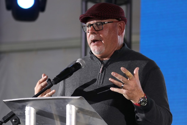 HOUSTON, TX - FEBRUARY 04:  (L-R) NFL football coach Bruce Arians speaks onstage during the 30th Annual Leigh Steinberg Super Bowl Party on February 4, 2017 in Houston, Texas.  (Photo by Tasos Katopodis/Getty Images for Leigh Steinberg)