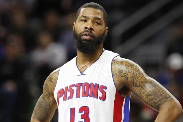 Detroit Pistons forward Marcus Morris is seen on the court during the second half of an NBA basketball game against the Los Angeles Lakers, Wednesday, Feb. 8, 2017, in Auburn Hills, Mich. (AP Photo/Carlos Osorio)