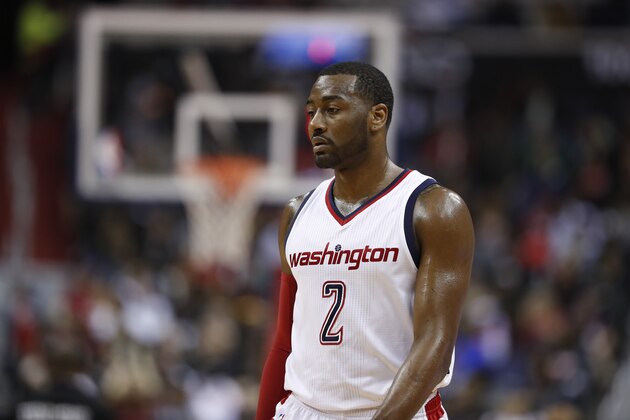 Washington Wizards guard John Wall (2) stands on the court in the second half of game 6 of the Eastern Conference semifinal NBA basketball playoff series against the Boston Celtics, Friday, May 12, 2017, in Washington. The Wizards won 92-91. (AP Photo/Alex Brandon)