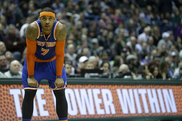 New York Knicks' Carmelo Anthony watches a free throw during the second half of an NBA basketball game against the Milwaukee Bucks Wednesday, March 8, 2017, in Milwaukee. (AP Photo/Aaron Gash) New York Knicks' Carmelo Anthony watches a free throw during the second half of an NBA basketball game against the Milwaukee Bucks Wednesday, March 8, 2017, in Milwaukee. (AP Photo/Aaron Gash)