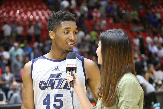 SALT LAKE CITY, UT - JULY 5:  Donovan Mitchell #45 of the Utah Jazz is interviewed after defeating the Philadelphia 76ers on July 5, 2017 during the 2017 NBA Utah Summer League game at the Jon M. Huntsman Center in Salt Lake City, Utah. NOTE TO USER: User expressly acknowledges and agrees that, by downloading and or using this Photograph, User is consenting to the terms and conditions of the Getty Images License Agreement. Mandatory Copyright Notice: Copyright 2017 NBAE (Photo by Melissa Majchrzak/NBAE via Getty Images)