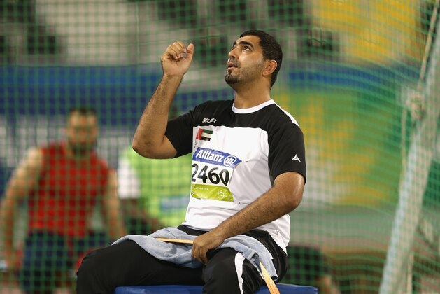 DOHA, QATAR - OCTOBER 31:  Abdullah Hayayei of UAE competes in the men's discus F34 final during the Evening Session on Day Ten of the IPC Athletics World Championships at Suhaim Bin Hamad Stadium on October 31, 2015 in Doha, Qatar.  (Photo by Warren Little/Getty Images)