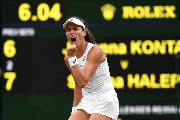 LONDON, ENGLAND - JULY 11: Johanna Konta of Great Britain celebrates as she wins the second set during the Ladies Singles quarter final match against Simona Halep of Romania on day eight of the Wimbledon Lawn Tennis Championships at the All England Lawn Tennis and Croquet Club on July 11, 2017 in London, England. (Photo by Shaun Botterill/Getty Images) LONDON, ENGLAND - JULY 11: Johanna Konta of Great Britain celebrates as she wins the second set during the Ladies Singles quarter final match against Simona Halep of Romania on day eight of the Wimbledon Lawn Tennis Championships at the All England Lawn Tennis and Croquet Club on July 11, 2017 in London, England. (Photo by Shaun Botterill/Getty Images)