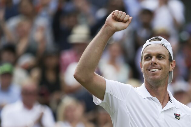 US player Sam Querrey celebrates beating Britain's Andy Murray in their men's singles quarter-final match on the ninth day of the 2017 Wimbledon Championships at The All England Lawn Tennis Club in Wimbledon, southwest London, on July 12, 2017.
Querrey won 3-6, 6-4, 6-7, 6-1, 6-1.  / AFP PHOTO / Daniel LEAL-OLIVAS / RESTRICTED TO EDITORIAL USE        (Photo credit should read DANIEL LEAL-OLIVAS/AFP/Getty Images)