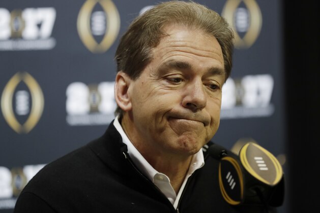 Alabama head coach Nick Saban answers questions during media day for the NCAA college football playoff championship game against Clemson Saturday, Jan. 7, 2017, in Tampa, Fla. (AP Photo/David J. Phillip)
