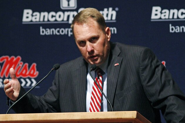 New Mississippi football coach Hugh Freeze answers reporters questions at an assembly at the University of Mississippi Monday, Dec. 5, 2011 in Oxford, Miss. Freeze replaces four-year coach Houston Nutt. (AP Photo/Rogelio V. Solis)
