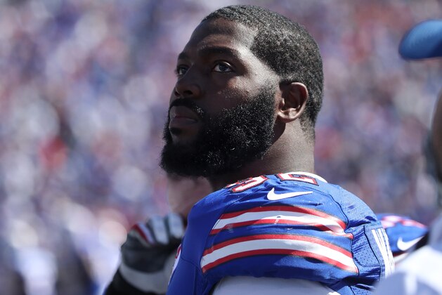 ORCHARD PARK, NY - SEPTEMBER 25: Adolphus Washington #92 of the Buffalo Bills looks on from the sideline during NFL game action against the Arizona Cardinals at New Era Field on September 25, 2016 in Orchard Park, New York. (Photo by Tom Szczerbowski/Getty Images)