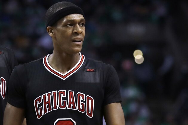Chicago Bulls guard Rajon Rondo (9) during the second quarter of a first-round NBA playoff basketball game in Boston, Tuesday, April 18, 2017. (AP Photo/Charles Krupa)