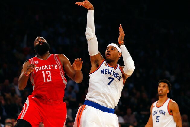 NEW YORK, NY - NOVEMBER 02: (NEW YORK DAILIES OUT) Carmelo Anthony #7 of the New York Knicks in action against James Harden #13 of the Houston Rockets at Madison Square Garden on November 2, 2016 in New York City. The Rockets defeated the Knicks 118-99. NOTE TO USER: User expressly acknowledges and agrees that, by downloading and/or using this Photograph, user is consenting to the terms and conditions of the Getty Images License Agreement. (Photo by Jim McIsaac/Getty Images) NEW YORK, NY - NOVEMBER 02: (NEW YORK DAILIES OUT) Carmelo Anthony #7 of the New York Knicks in action against James Harden #13 of the Houston Rockets at Madison Square Garden on November 2, 2016 in New York City. The Rockets defeated the Knicks 118-99. NOTE TO USER: User expressly acknowledges and agrees that, by downloading and/or using this Photograph, user is consenting to the terms and conditions of the Getty Images License Agreement. (Photo by Jim McIsaac/Getty Images)