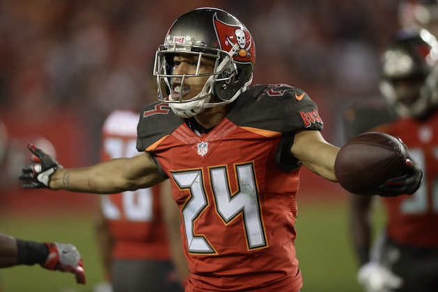 Tampa Bay Buccaneers cornerback Brent Grimes (24) after his interception against the New Orleans Saints during the second half of an NFL football game Sunday, Dec. 11, 2016, in Tampa, Fla. The Buccaneers won the game 16-11. (AP Photo/Jason Behnken)