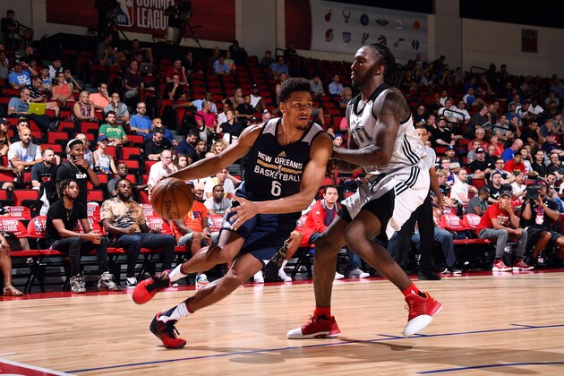 LAS VEGAS, NV - JULY 12: Axel Toupane #6 of the New Orleans Pelicans handles the ball during the game against Taurean Prince #12 of the Atlanta Hawks during the 2017 Las Vegas Summer League on July 12, 2017 at the Cox Pavilion in Las Vegas, Nevada. NOTE TO USER: User expressly acknowledges and agrees that, by downloading and or using this Photograph, user is consenting to the terms and conditions of the Getty Images License Agreement. Mandatory Copyright Notice: Copyright 2017 NBAE (Photo by Noah Graham/NBAE via Getty Images)