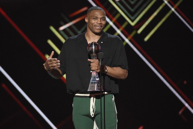 NBA basketball player Russell Westbrook, of the Oklahoma City Thunder, accepts the award for best male athlete at the ESPYS at the Microsoft Theater on Wednesday, July 12, 2017, in Los Angeles. (Photo by Chris Pizzello/Invision/AP) NBA basketball player Russell Westbrook, of the Oklahoma City Thunder, accepts the award for best male athlete at the ESPYS at the Microsoft Theater on Wednesday, July 12, 2017, in Los Angeles. (Photo by Chris Pizzello/Invision/AP)