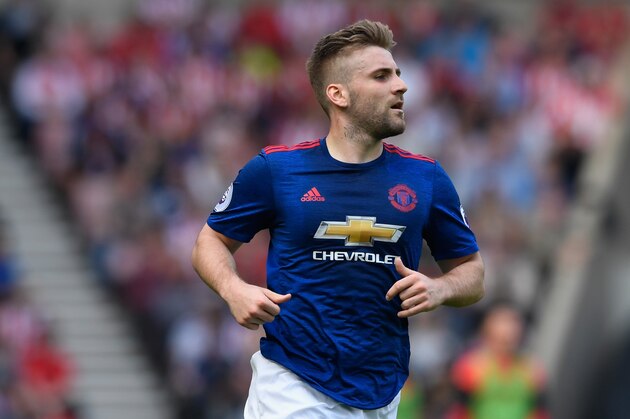 SUNDERLAND, ENGLAND - APRIL 09: United player Luke Shaw in action during the Premier League match between Sunderland and Manchester United at Stadium of Light on April 9, 2017 in Sunderland, England.  (Photo by Stu Forster/Getty Images)