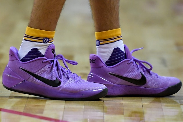 LAS VEGAS, NV - JULY 12:  Lonzo Ball #2 of the Los Angeles Lakers wears purple Nike Kobe A.D. sneakers during a 2017 Summer League game against the Philadelphia 76ers at the Thomas & Mack Center on July 12, 2017 in Las Vegas, Nevada. Los Angeles won 103-102. NOTE TO USER: User expressly acknowledges and agrees that, by downloading and or using this photograph, User is consenting to the terms and conditions of the Getty Images License Agreement.  (Photo by Ethan Miller/Getty Images)
