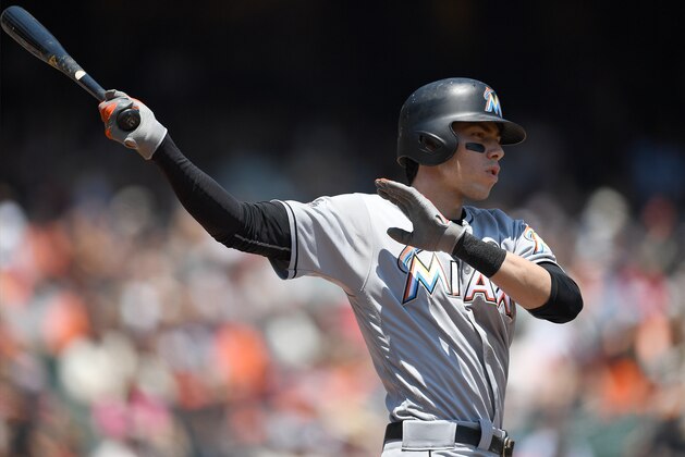 SAN FRANCISCO, CA - JULY 09:  Christian Yelich #21 of the Miami Marlins bats against the San Francisco Giants in the top of the first inning at AT&T Park on July 9, 2017 in San Francisco, California.  (Photo by Thearon W. Henderson/Getty Images)