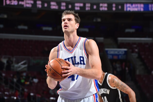 PHILADELPHIA,PA -  APRIL 4 :  Tiago Splitter #47 of the Philadelphia 76ers shoots a foul shot against the Brooklyn Nets  at Wells Fargo Center on April  4, 2017 in Philadelphia, Pennsylvania NOTE TO USER: User expressly acknowledges and agrees that, by downloading and/or using this Photograph, user is consenting to the terms and conditions of the Getty Images License Agreement. Mandatory Copyright Notice: Copyright 2016 NBAE (Photo by Jesse D. Garrabrant/NBAE via Getty Images)
