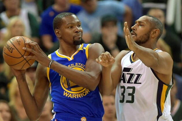 SALT LAKE CITY, UT - MAY 6: Boris Diaw #33 of the Utah Jazz defends against Kevin Durant #35 of the Golden State Warriors in the first half in Game Three of the Western Conference Semifinals during the 2017 NBA Playoffs at Vivint Smart Home Arena on May 6, 2017 in Salt Lake City, Utah. NOTE TO USER: User expressly acknowledges and agrees that, by downloading and or using this photograph, User is consenting to the terms and conditions of the Getty Images License Agreement. (Photo by Gene Sweeney Jr/Getty Images) SALT LAKE CITY, UT - MAY 6: Boris Diaw #33 of the Utah Jazz defends against Kevin Durant #35 of the Golden State Warriors in the first half in Game Three of the Western Conference Semifinals during the 2017 NBA Playoffs at Vivint Smart Home Arena on May 6, 2017 in Salt Lake City, Utah. NOTE TO USER: User expressly acknowledges and agrees that, by downloading and or using this photograph, User is consenting to the terms and conditions of the Getty Images License Agreement. (Photo by Gene Sweeney Jr/Getty Images)