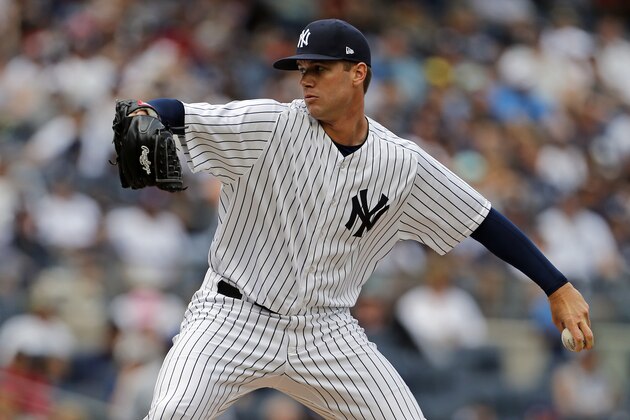 NEW YORK, NY - JUNE 25: Tyler Webb #36 of the New York Yankees pitches against the Texas Rangers during the fifth inning at Yankee Stadium on June 25, 2017 in the Bronx borough of New York City. (Photo by Adam Hunger/Getty Images)