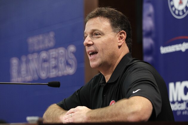 Texas Rangers co-owner Chuck Greenberg responds to a question during a news conference before the start of a baseball game against the Boston Red Sox Friday, Aug. 13, 2010, in Arlington, Texas.  (AP Photo/Tony Gutierrez)