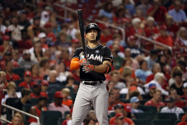 Miami Marlins' Giancarlo Stanton bats during the fourth inning of a baseball game against the St. Louis Cardinals Wednesday, July 5, 2017, in St. Louis. (AP Photo/Jeff Roberson)