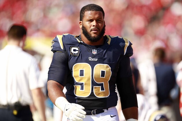 Los Angeles Rams defensive tackle Aaron Donald (99) walks the sidelines during an NFL football game against the Tampa Bay Buccaneers, Sunday, Sept. 25, 2016, in Tampa. The Rams won the game 37-32.    (Jeff Haynes/AP Images for Panini)
