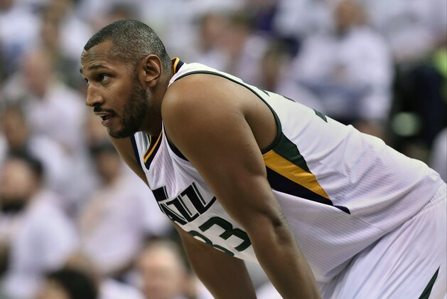 SALT LAKE CITY, UT - APRIL 28: Boris Diaw #33 of the Utah Jazz looks on in the first half against the Los Angeles Clippers in Game Six of the Western Conference Quarterfinals during the 2017 NBA Playoffs at Vivint Smart Home Arena on April 28, 2017 in Salt Lake City, Utah. NOTE TO USER: User expressly acknowledges and agrees that, by downloading and or using this photograph, User is consenting to the terms and conditions of the Getty Images License Agreement. (Photo by Gene Sweeney Jr/Getty Images)