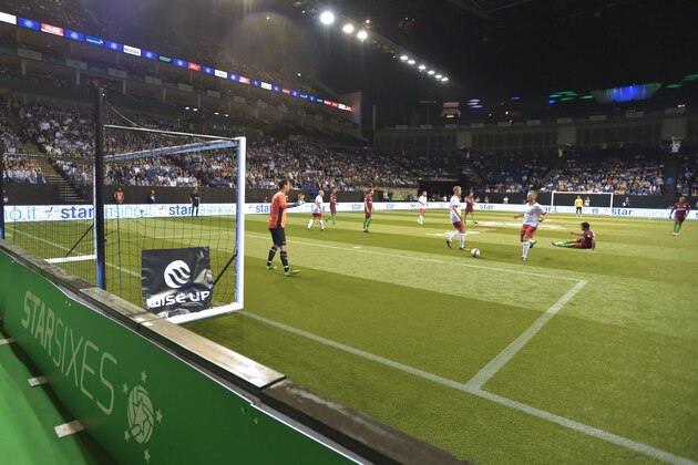 General view of play in the arena during the Star Sixes football match between Denmark and Portugal at the O2 Arena in London on July 13, 2017. 
Star Sixes is the first-ever competitive tournament for world-renowned former international footballers. Twelve national teams featuring a host of stellar names go head-to-head at Londons iconic O2 Arena in an exciting six-a-side competition with the inaugural Star Sixes trophy at stake. / AFP PHOTO / OLLY GREENWOOD        (Photo credit should read OLLY GREENWOOD/AFP/Getty Images)