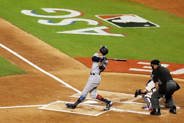 MIAMI, FL - JULY 11:  Aaron Judge #99 of the New York Yankees and the American League bats in the first inning against the National League during the 88th MLB All-Star Game at Marlins Park on July 11, 2017 in Miami, Florida.  (Photo by Rob Carr/Getty Images)