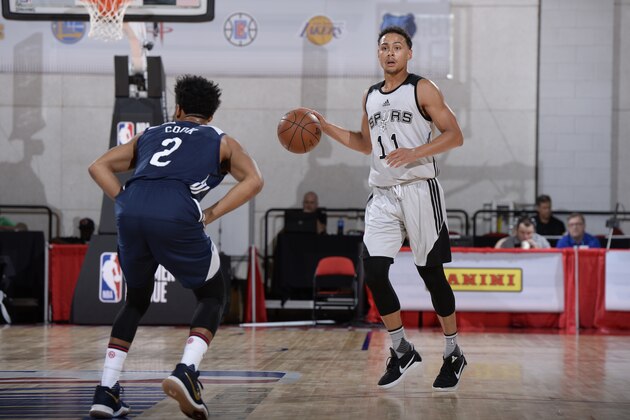 LAS VEGAS, NV - JULY 13:  Bryn Forbes #11 of the San Antonio Spurs dribbles the ball up court against the New Orleans Pelicans during the 2017 Las Vegas Summer League game on July 13, 2017 at the Cox Pavillion in Las Vegas, Nevada. NOTE TO USER: User expressly acknowledges and agrees that, by downloading and or using this Photograph, user is consenting to the terms and conditions of the Getty Images License Agreement. Mandatory Copyright Notice: Copyright 2017 NBAE (Photo by David Dow/NBAE via Getty Images)
