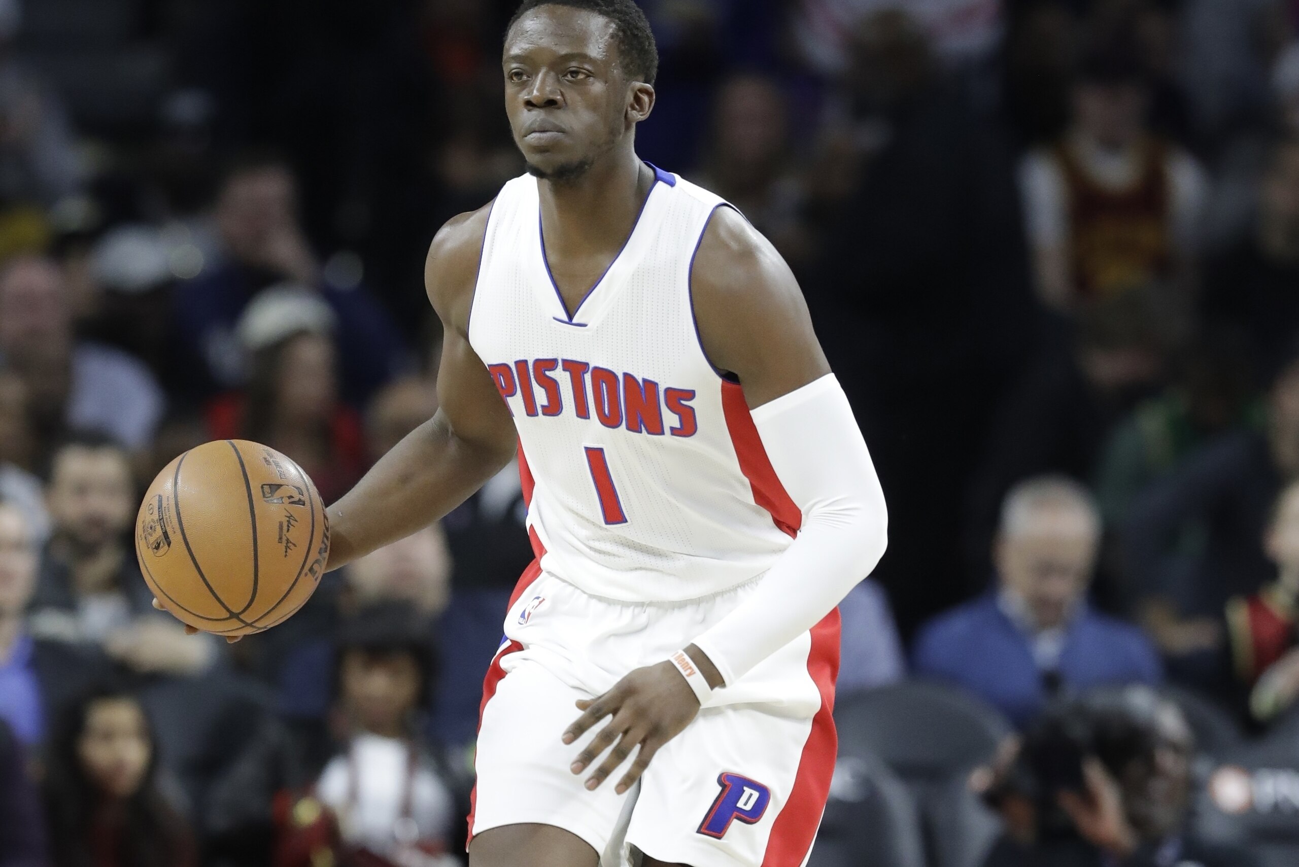 Detroit Pistons guard Reggie Jackson brings the ball up court during the first half of an NBA basketball game against the Cleveland Cavaliers, Thursday, March 9, 2017, in Auburn Hills, Mich. (AP Photo/Carlos Osorio)