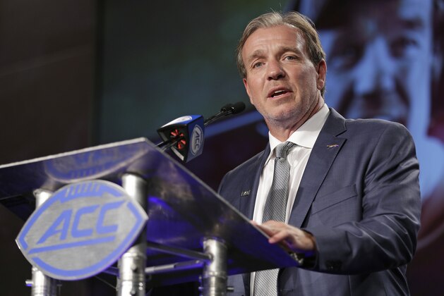 Florida State head coach Jimbo Fisher speaks to the media during the Atlantic Coast Conference NCAA college football media day in Charlotte, N.C., Thursday, July 13, 2017. (AP Photo/Chuck Burton) Florida State head coach Jimbo Fisher speaks to the media during the Atlantic Coast Conference NCAA college football media day in Charlotte, N.C., Thursday, July 13, 2017. (AP Photo/Chuck Burton)