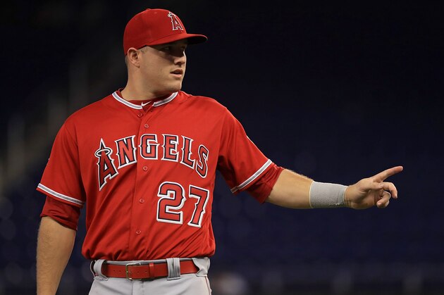 MIAMI, FL - MAY 26:  Mike Trout #27 of the Los Angeles Angels looks on during a game against the Miami Marlins at Marlins Park on May 26, 2017 in Miami, Florida.  (Photo by Mike Ehrmann/Getty Images)