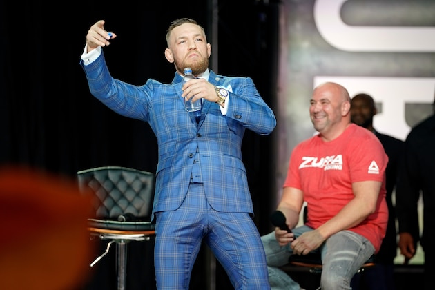 TORONTO, CANADA - JULY 12:  Conor McGregor reacts onstage during the Floyd Mayweather Jr. v Conor McGregor World Press Tour event at Budweiser Stage on July 12, 2017 in Toronto, Ontario, Canada. (Photo by Jeff Bottari/Zuffa LLC/Zuffa LLC via Getty Images)