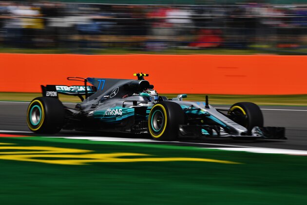 NORTHAMPTON, ENGLAND - JULY 14: Valtteri Bottas driving the (77) Mercedes AMG Petronas F1 Team Mercedes F1 WO8 on track during practice for the Formula One Grand Prix of Great Britain at Silverstone on July 14, 2017 in Northampton, England.  (Photo by Dan Mullan/Getty Images)